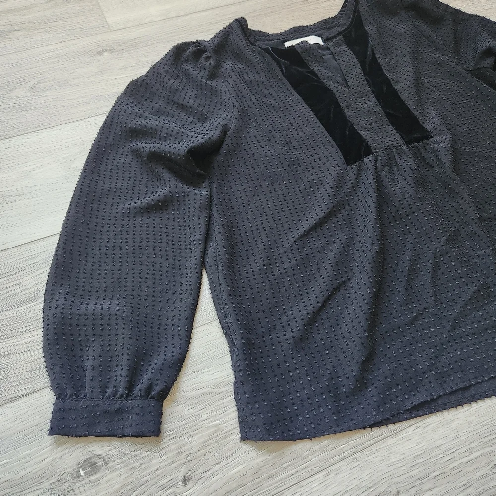 Loft Black Swiss Dot Shirt Womens Large Velvet Trim Long Sleeve Top - Picture 3 of 10